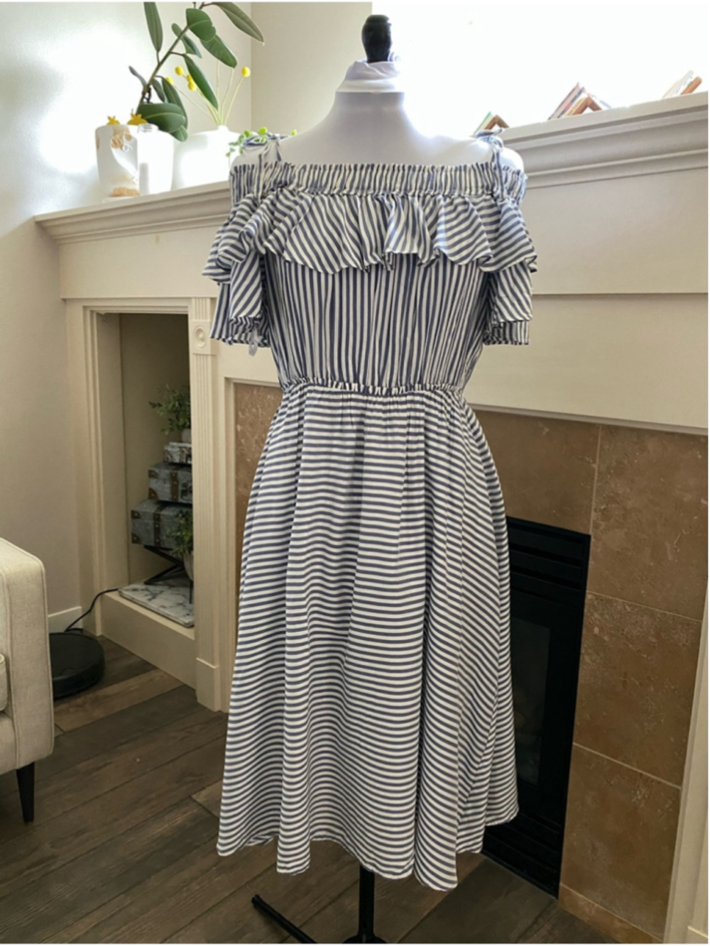 NWT LOFT Striped Off-Shoulder Ruffle Dress - Blue & White